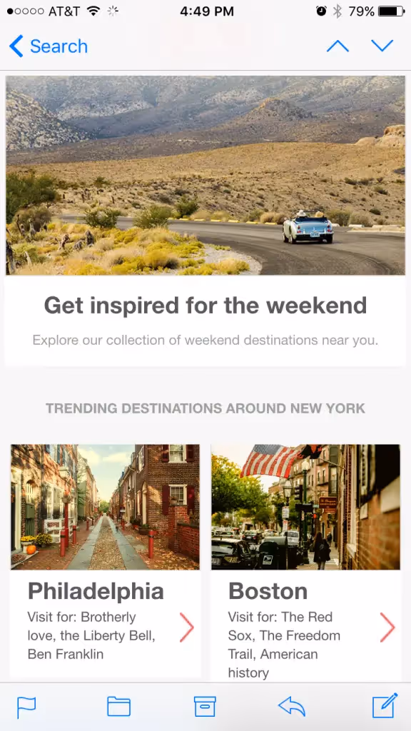 Email showcasing weekend travel inspiration near New York, featuring scenic destinations like Philadelphia and Boston with cultural highlights.