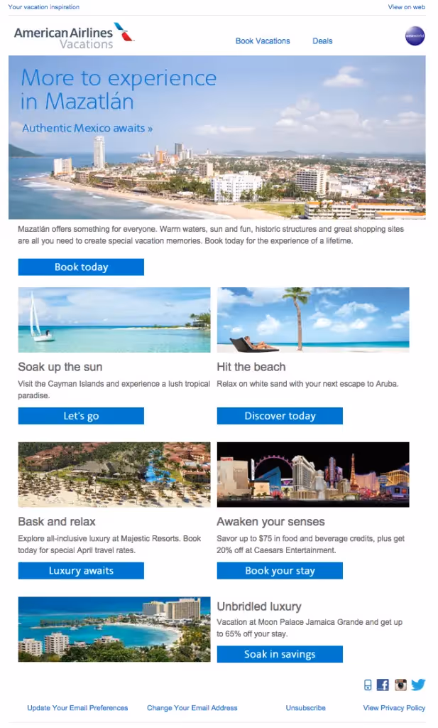 American Airlines Vacations email promoting Mazatlán and other tropical destinations with enticing images, brief descriptions, and clear call-to-action buttons.