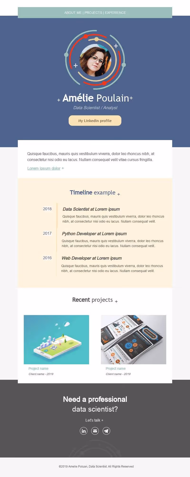 Data scientist portfolio overview for Amélie Poulain featuring work timeline, recent projects, and contact call-to-action.