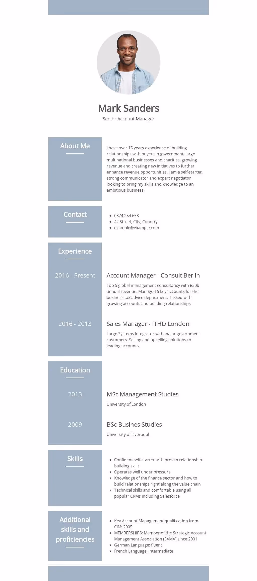 Professional resume of Mark Sanders, Senior Account Manager, showcasing experience, education, contact details, and key skills.