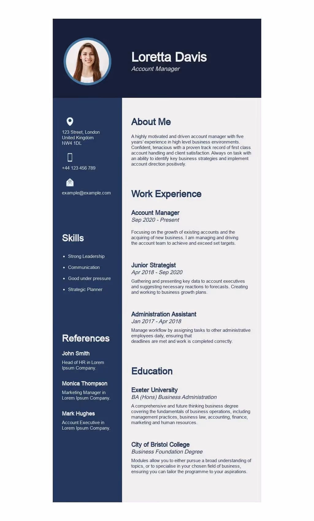 Professional resume of Loretta Davis, Account Manager, featuring contact info, skills, references, experience, and business education.