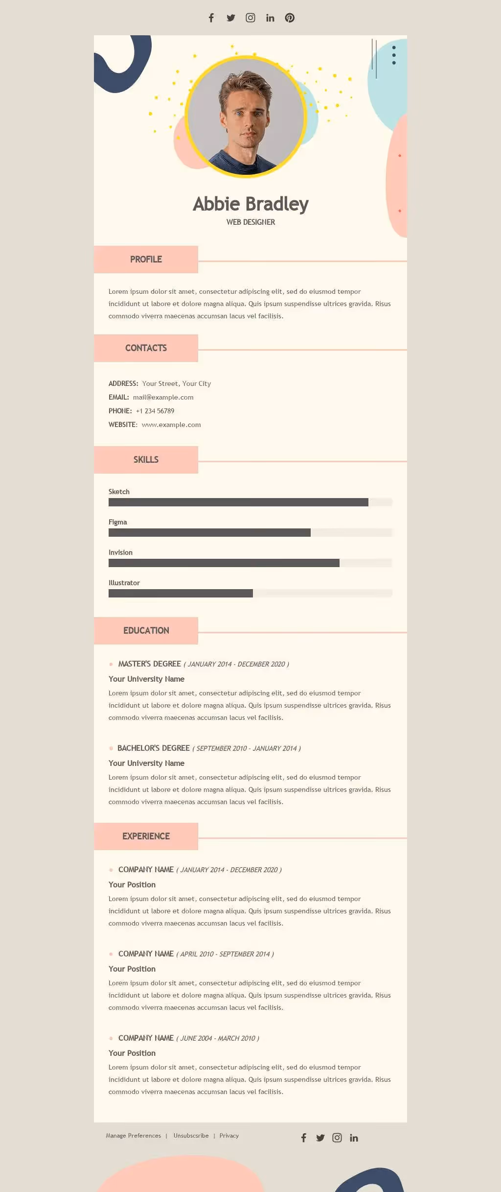 Creative web designer resume for Abbie Bradley featuring skills, experience, education, and contact details.