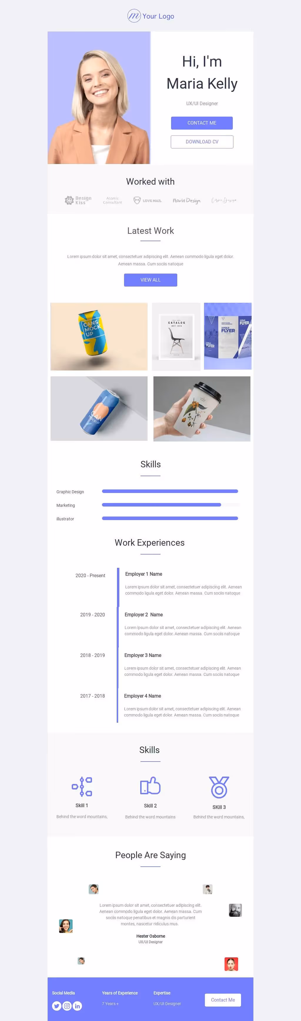 UX/UI designer Maria Kelly’s resume with portfolio, skills, work experience, testimonials, and contact info.