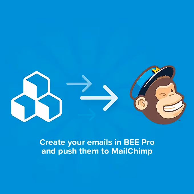Illustration showing BEE logo with arrows pointing to Mailchimp mascot, highlighting tutorial on connecting BEE Pro with Mailchimp.