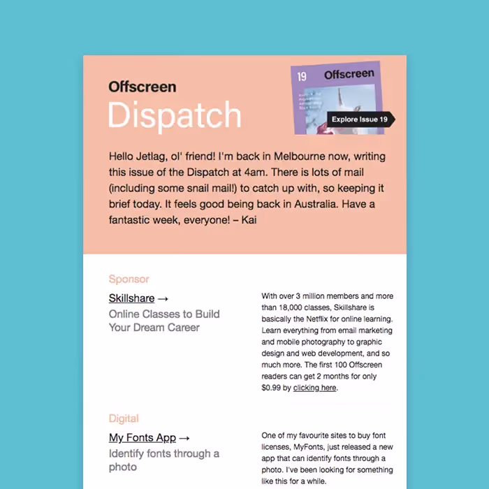 Email newsletter with bold color blocking design and bird illustrations, showing tutorial on color blocking in emails.