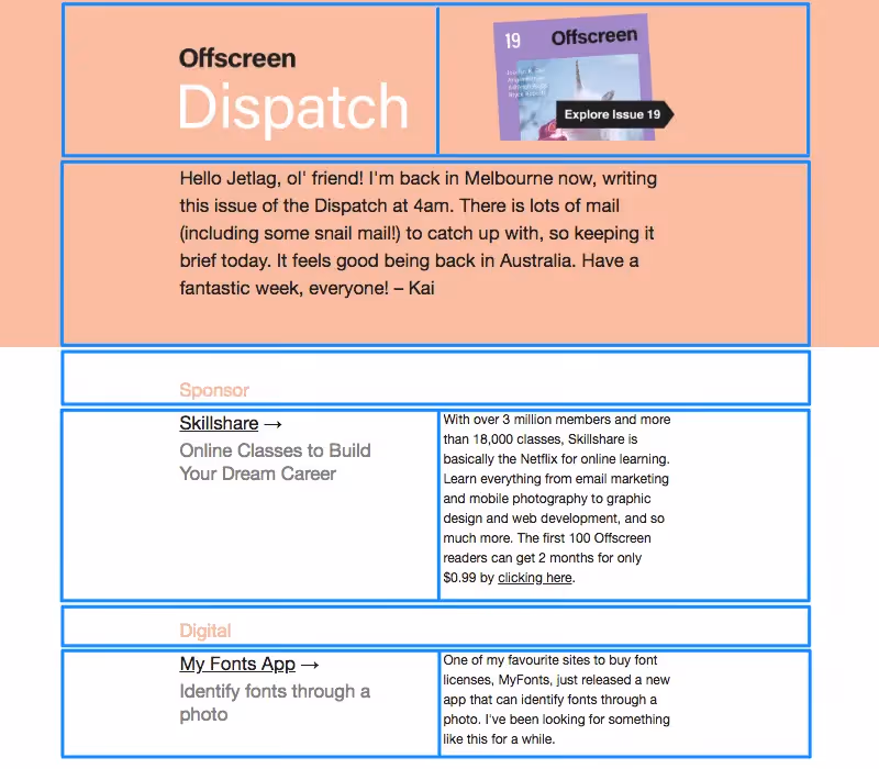 Offscreen Dispatch color blocking email
