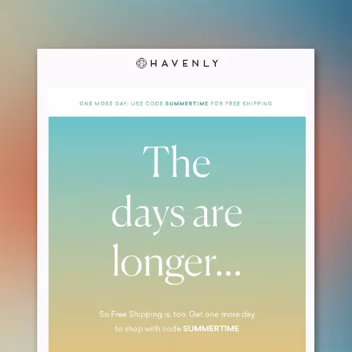 Summer sales email designs from brands like West Elm, Havenly, and Equinox featuring discounts, free shipping, and seasonal promotions.