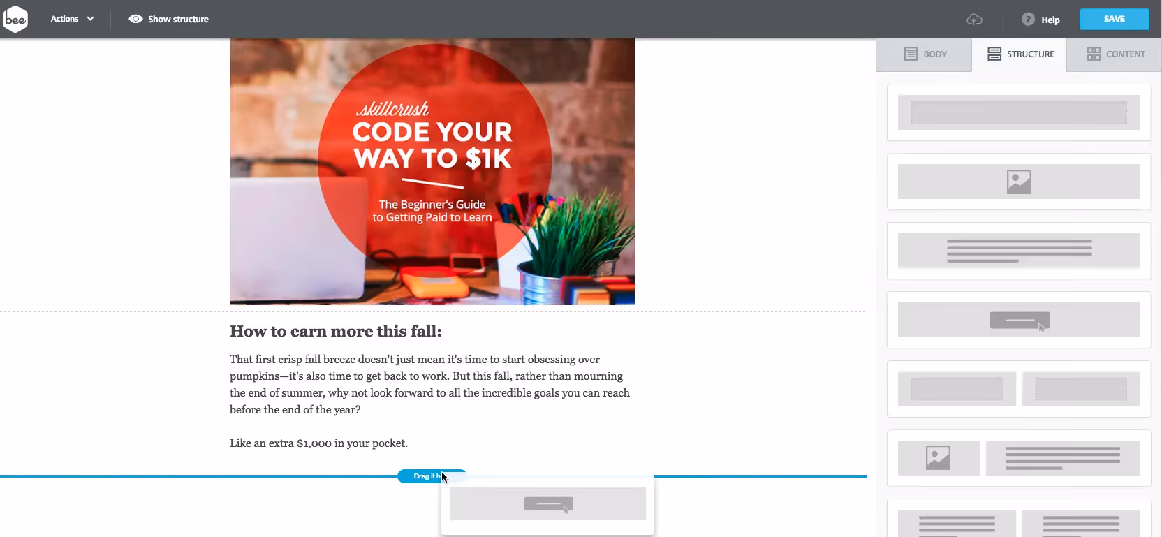 drag and drop button section in a step-by-step guide in the BEE editor