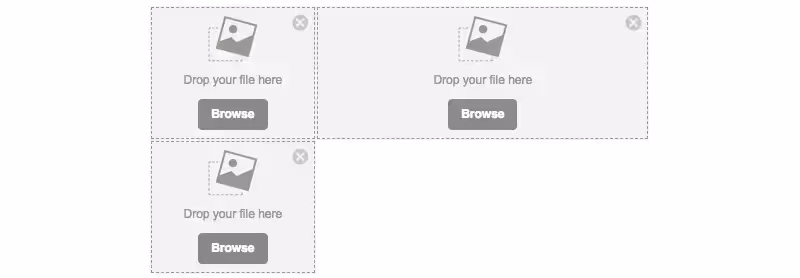 Three file upload boxes with “Drop your file here” prompts and “Browse” buttons, arranged in a 2x2 grid layout.