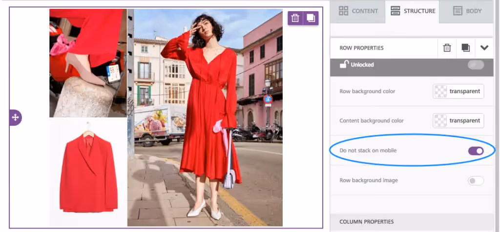 “Do not stack on mobile” toggle enabled, keeping the multi-column layout intact on mobile devices.