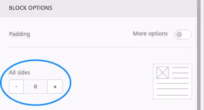 Block padding setting with adjustable value for all sides using minus, plus, and numeric input buttons.