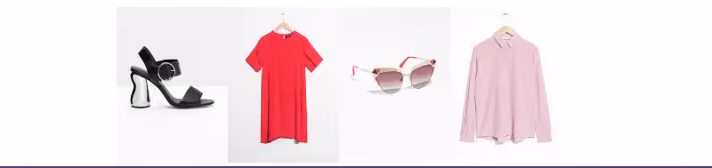 A black high heel, red dress, sunglasses, and light pink shirt displayed side by side on a white background.