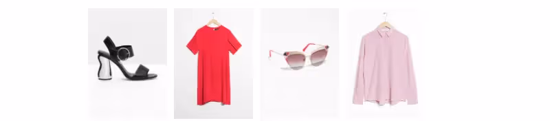 Black heels, red dress, pink-accented sunglasses, and a light pink blouse on a white background.