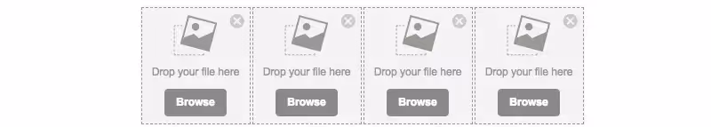 Four adjacent upload boxes labeled “Drop your file here” with a Browse button below each.