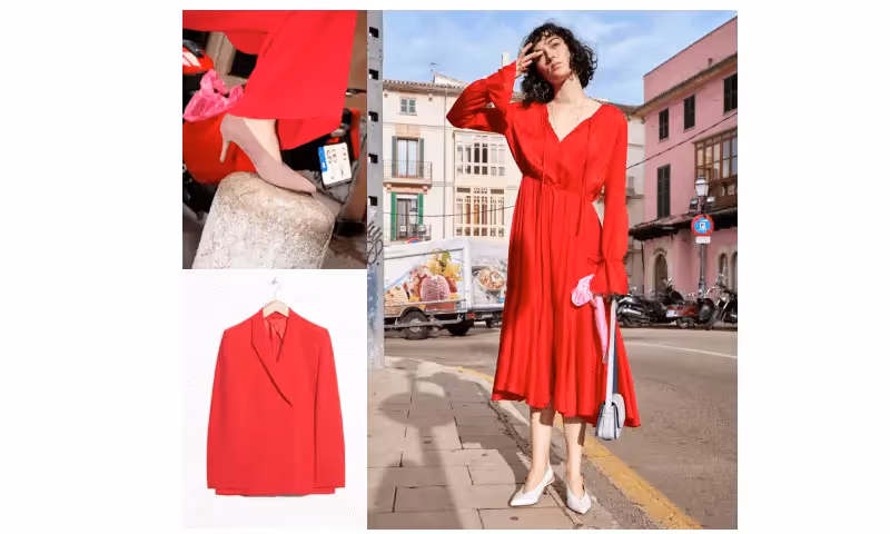 Woman in a red dress on a city street, paired with close-ups of red heels and a red blazer on a hanger.