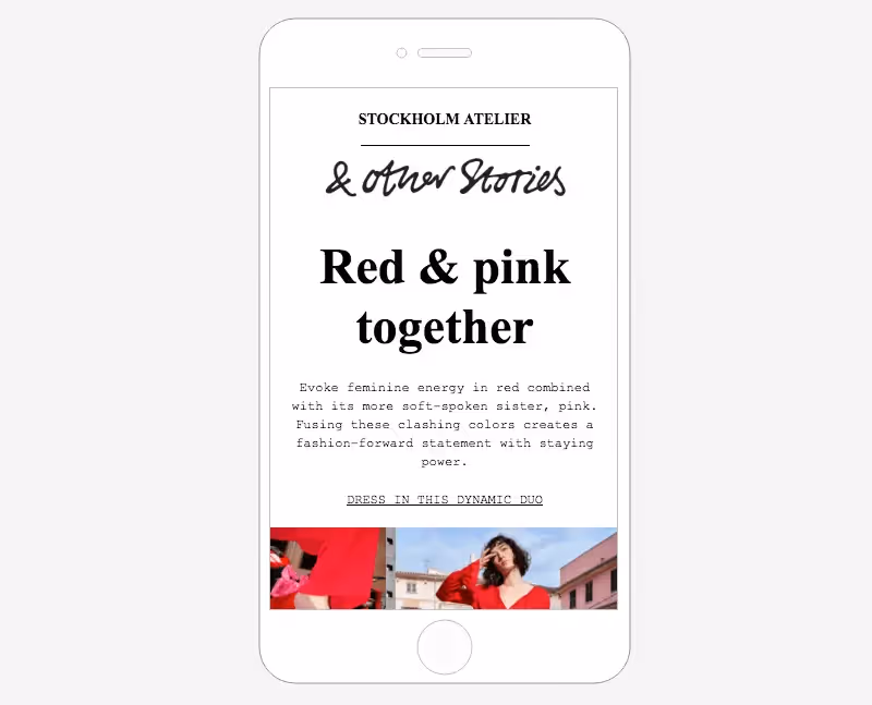 Mobile preview showing header, title, and two-column red outfit images; large red outfit image is hidden.