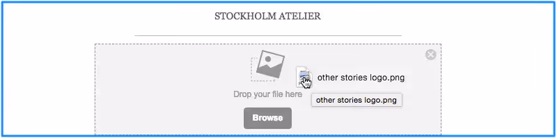 File upload area with "STOCKHOLM ATELIER" title and a logo image named "other stories logo.png" being added.