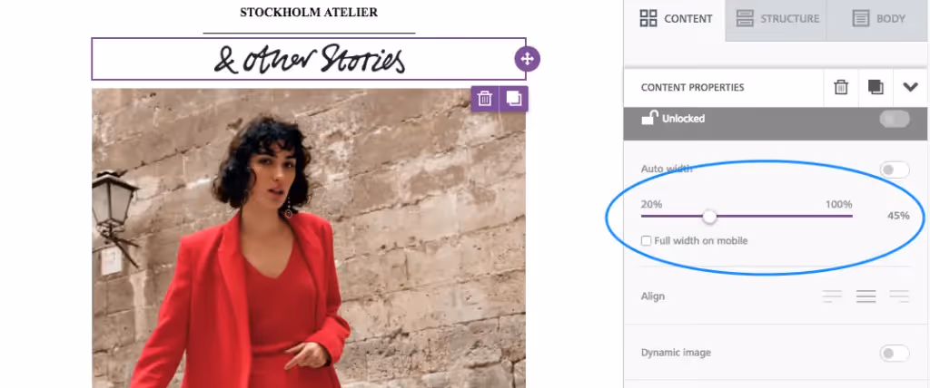 Image width manually adjusted to 45% with "Auto width" toggled off in the content properties panel.