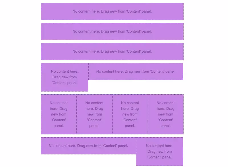 Wireframe layout for an email template, showing empty content blocks in various configurations.
