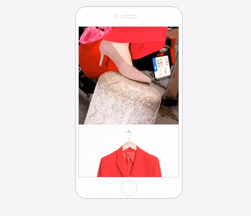 Mobile view continues with close-up of pink heel and red pants, followed by a red blazer on a hanger.