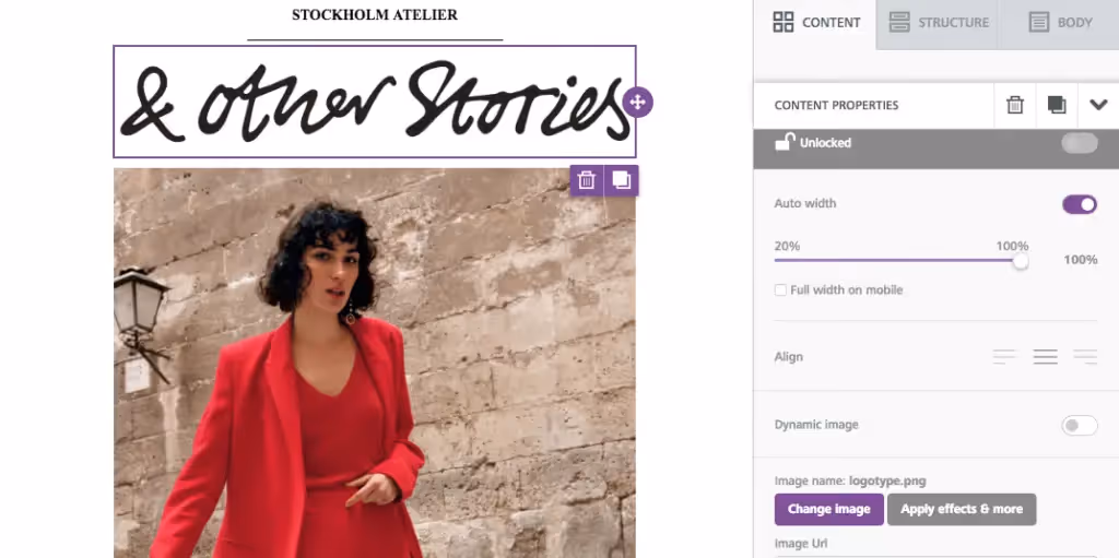 Fashion edit screen showing a woman in a red outfit below the & Other Stories logo with image settings on the right panel.