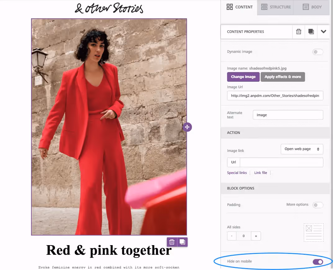 “Hide on mobile” toggle enabled, preventing the image from displaying on mobile devices.
