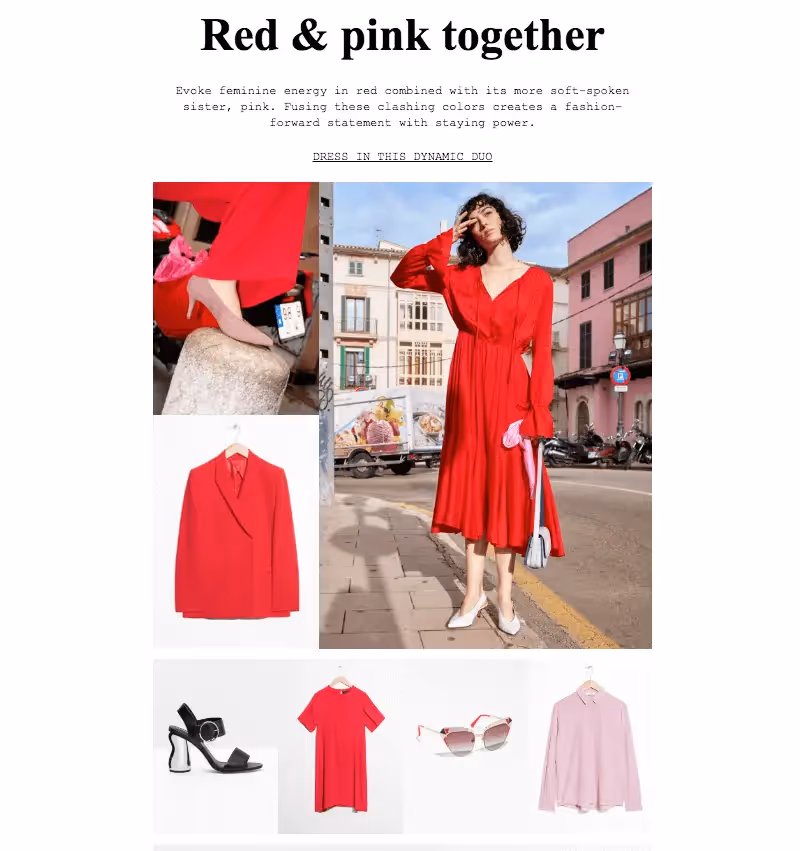 Bold red and pink fashion pieces styled together for a striking, modern color-blocked look.