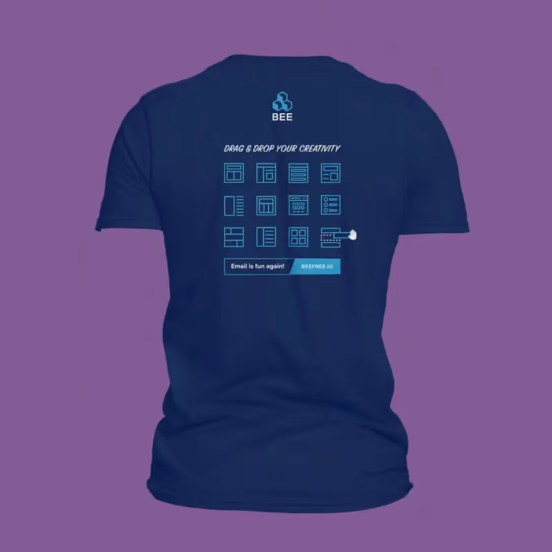 BEE tee back: drag & drop creativity with layout icons, slogan “Email is fun again!” and beefree.io link.