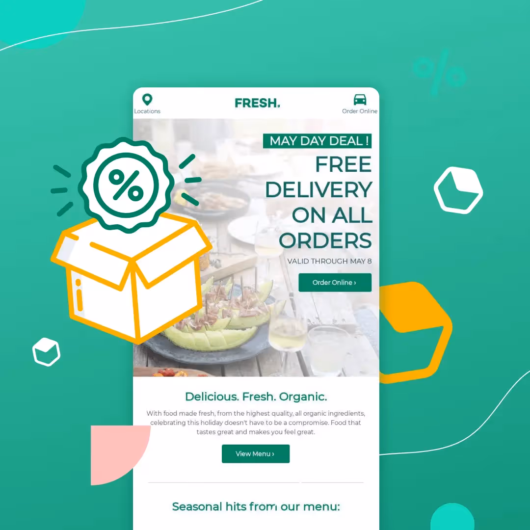 Promotional email design with “Free Delivery” deal, showcasing food imagery, discount icon, and bold CTA for online organic restaurant orders.