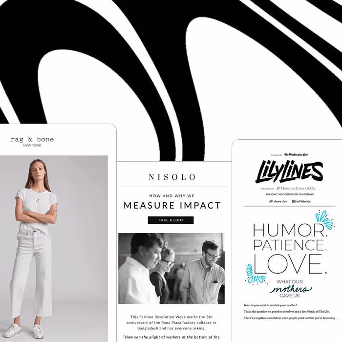 Stylish black and white email designs with bold typography and minimalistic fashion and newsletter layouts.