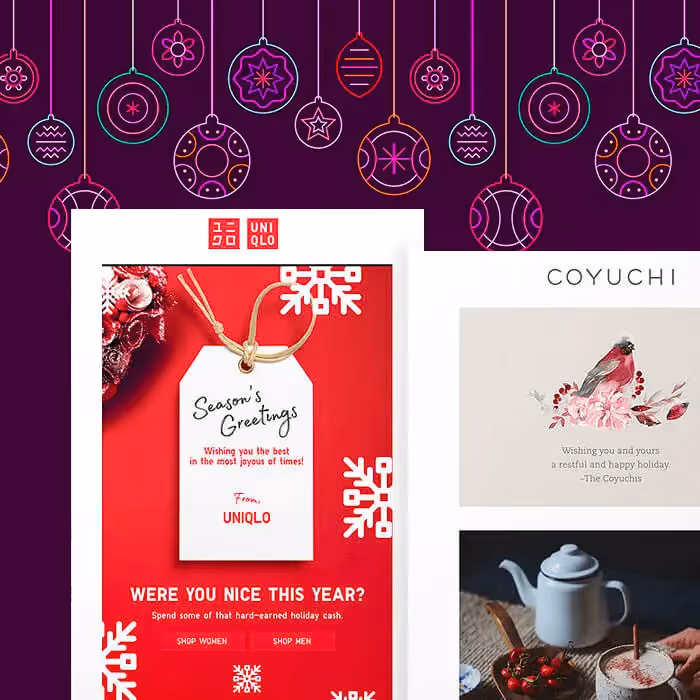 Three free holiday eCards: Uniqlo’s red gift tag, Coyuchi’s bird motif, and Patagonia’s cozy campfire greeting.