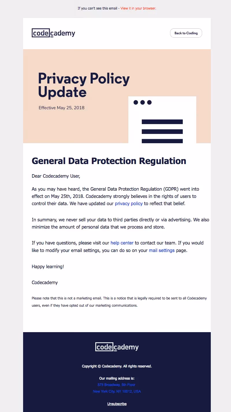 Code Academy GDPR emails