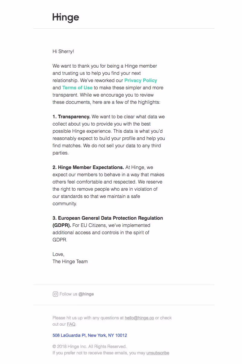 Hinge GDPR emails