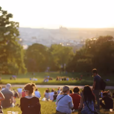 Group of people relaxing on a grassy urban park hillside at golden hour, enjoying summer evening leisure with trees and distant city skyline views.
