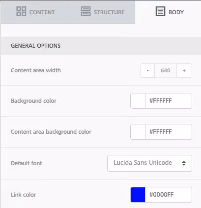 Email body settings panel showing font, colors, and content width options with link color set to blue (#0000FF).