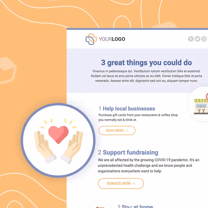Orange-background fundraising email design: hands cradling red heart icon next to a 3 ways to help newsletter.