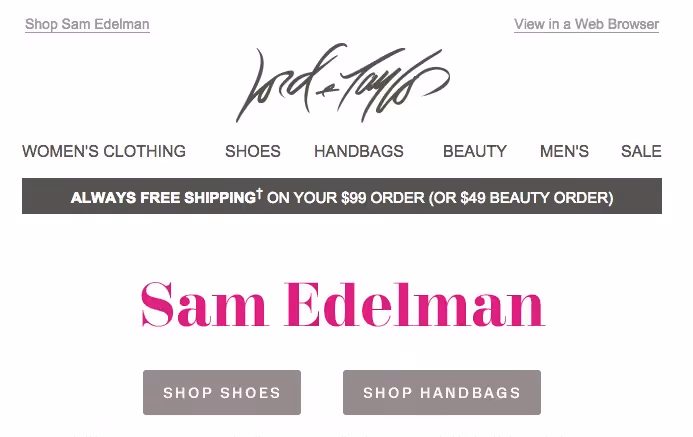 Lord & Taylor promo for Sam Edelman shoes and handbags with free shipping on qualifying orders.
