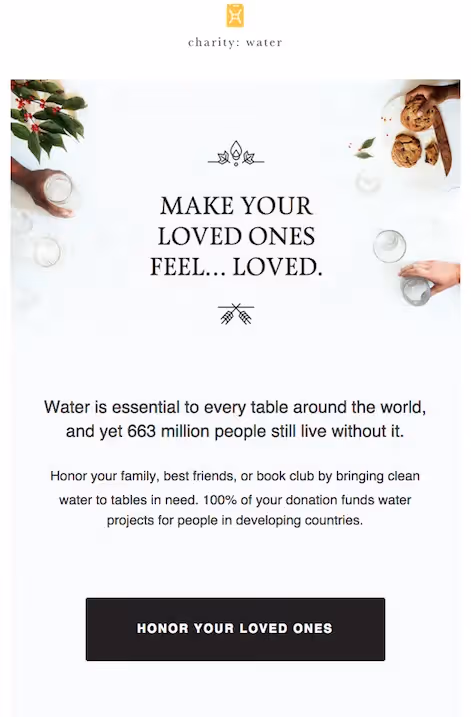 Charity: water email urging donations to fund clean water for those in need and honor loved ones.