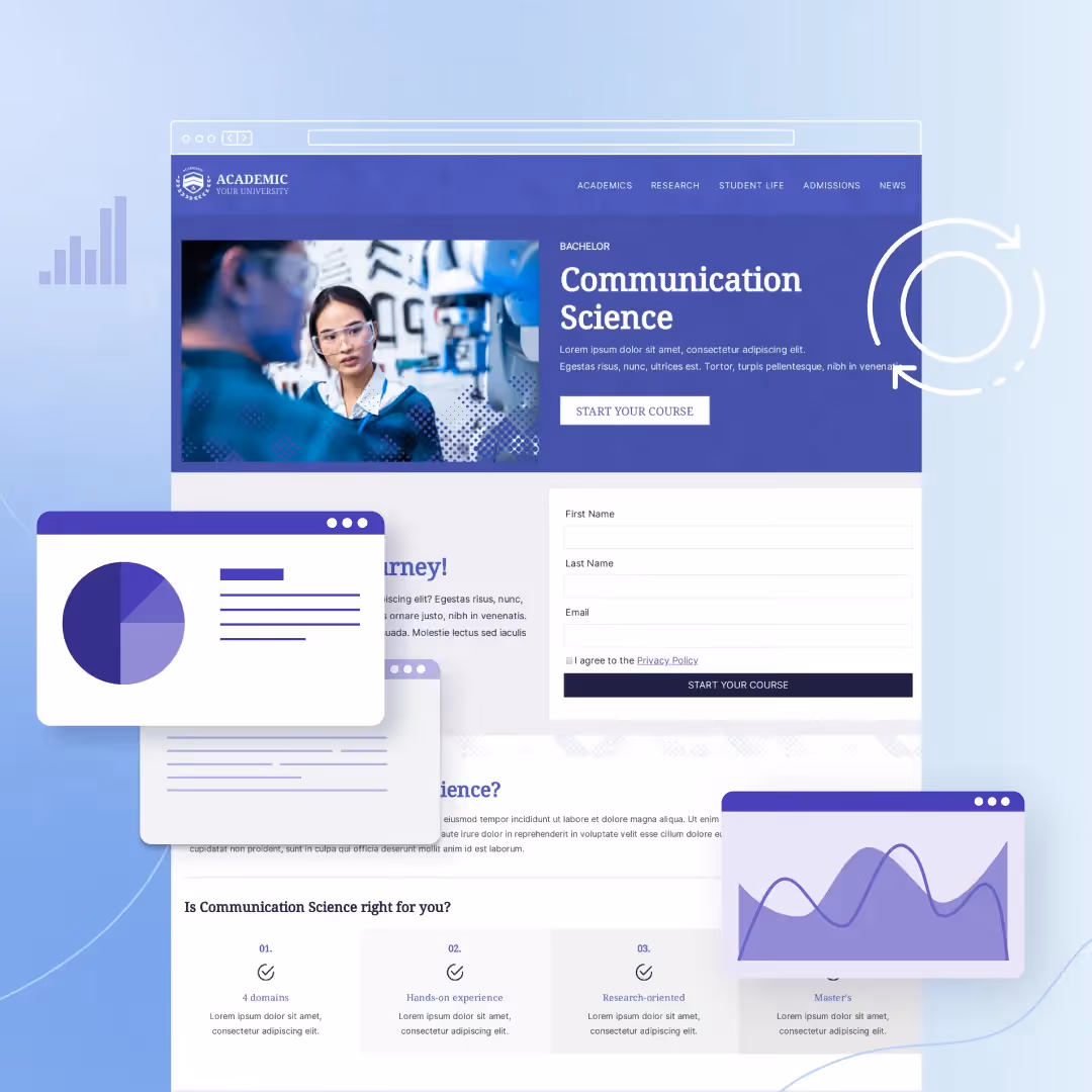 Illustration of a university landing page with charts and icons, promoting a Communication Science course sign-up.