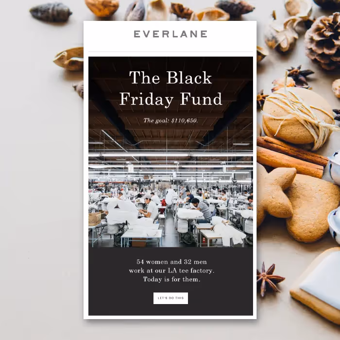 Everlane “Black Friday Fund” (\$110K goal) with factory image; Godiva “Black Friday in July” up to 50% off.