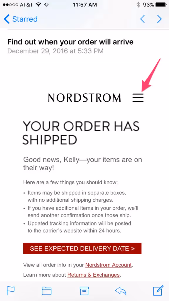 Nordstrom order confirmation email on mobile showing shipment notification, tracking info, and a red button to view expected delivery date.