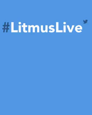 Graphic with the hashtag "#LitmusLive" and Twitter bird icon on a solid blue background, representing the Litmus email design conference.