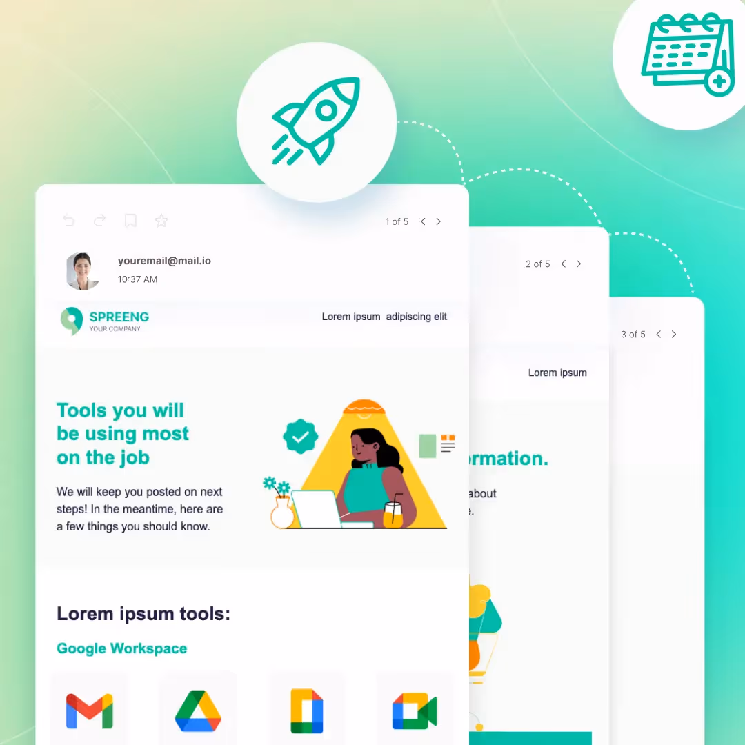 Onboarding email screens with “Tools you’ll be using most” header, illustration of a woman at a laptop, and calendar-add plus rocket icons on a green gradient.