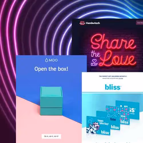 Examples of colorful Valentine’s Day-themed emails with animated effects, showcasing GIFs in email marketing campaigns.