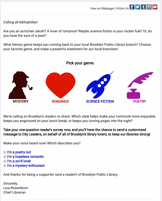 Brooklyn Public Library survey invitation emails