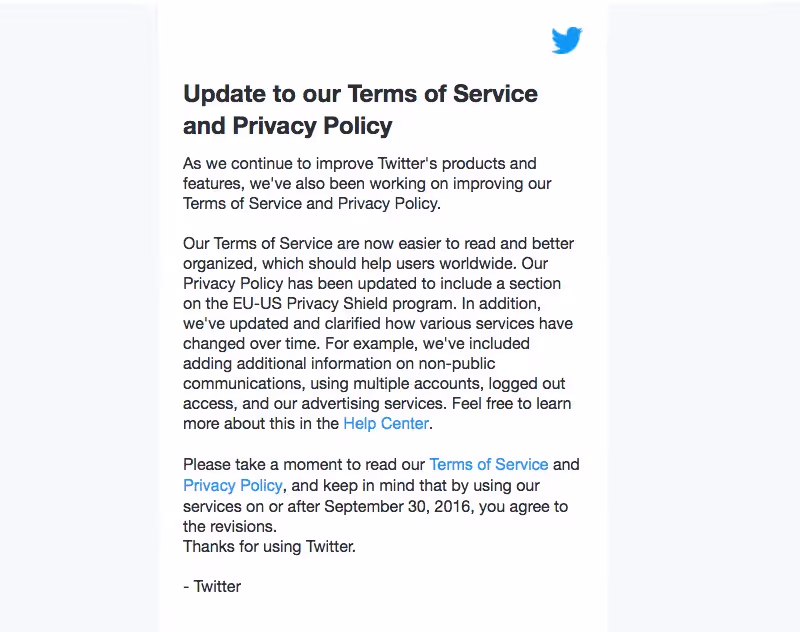 Twitter Terms of Service and Privacy Policy Emails