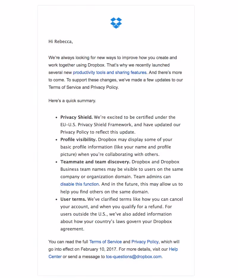 Dropbox Terms of Service and Privacy Policy Emails