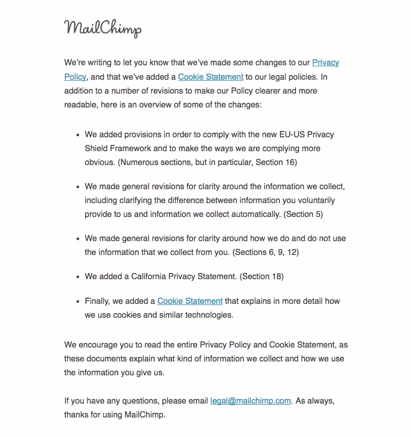 MailChimp Terms of Service and Privacy Policy Emails