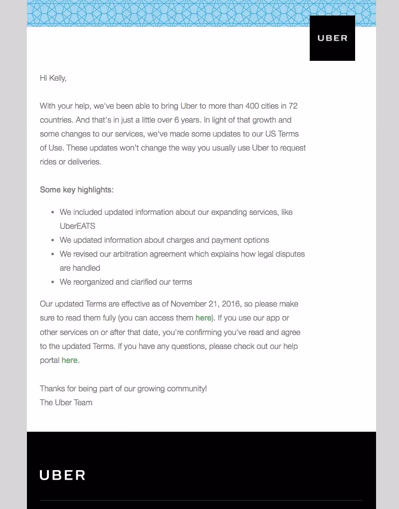 uber Terms of Service and Privacy Policy Emails