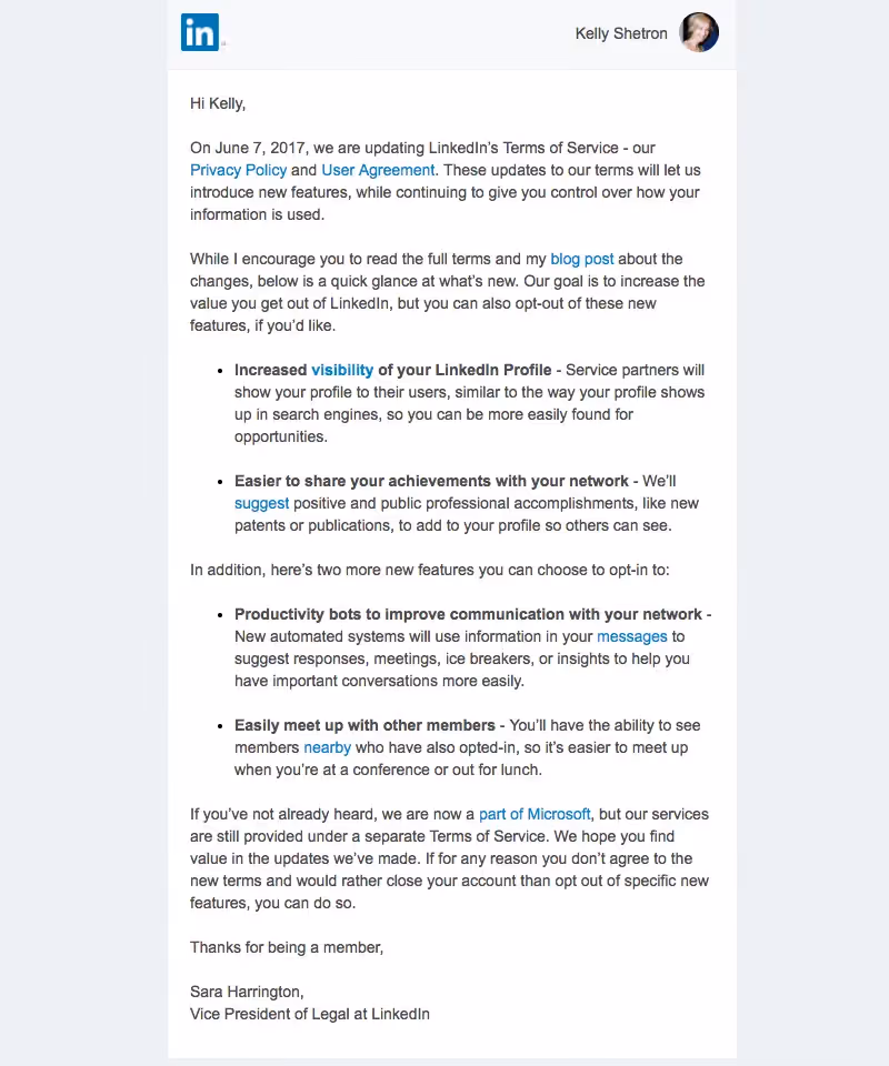 LinkedIn Terms of Service and Privacy Policy Emails